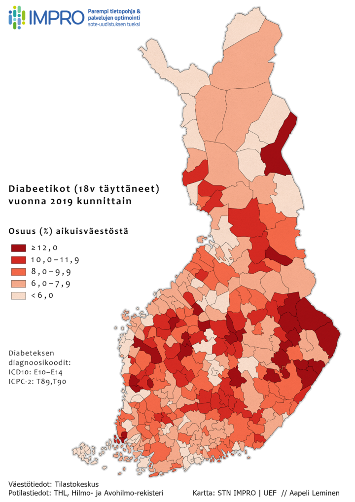 Kartta, joka kuvastaa diabeetikoiden osuutta Suomen kunnissa suhteessa aikuisväestöön. Sisältö on kuvattu leipätekstissä. Sisältö on kuvattu leipätekstissä.
