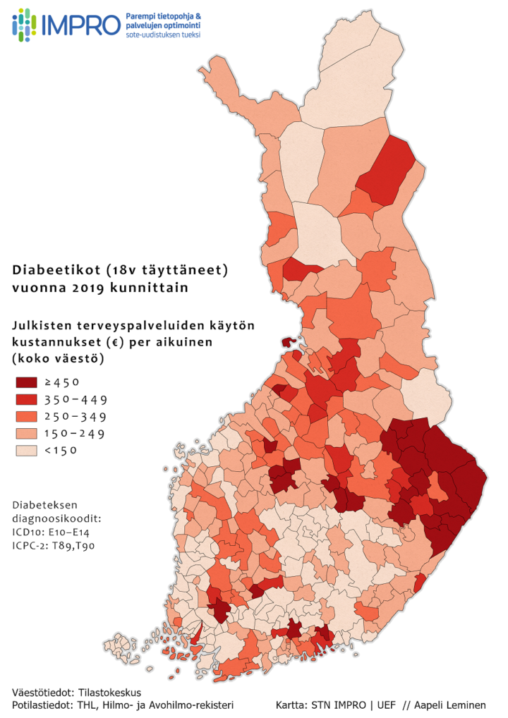 Diabeteksen kustannukset kunnittain Suomen kartalla. Sisältö selitetty leipätekstissä.